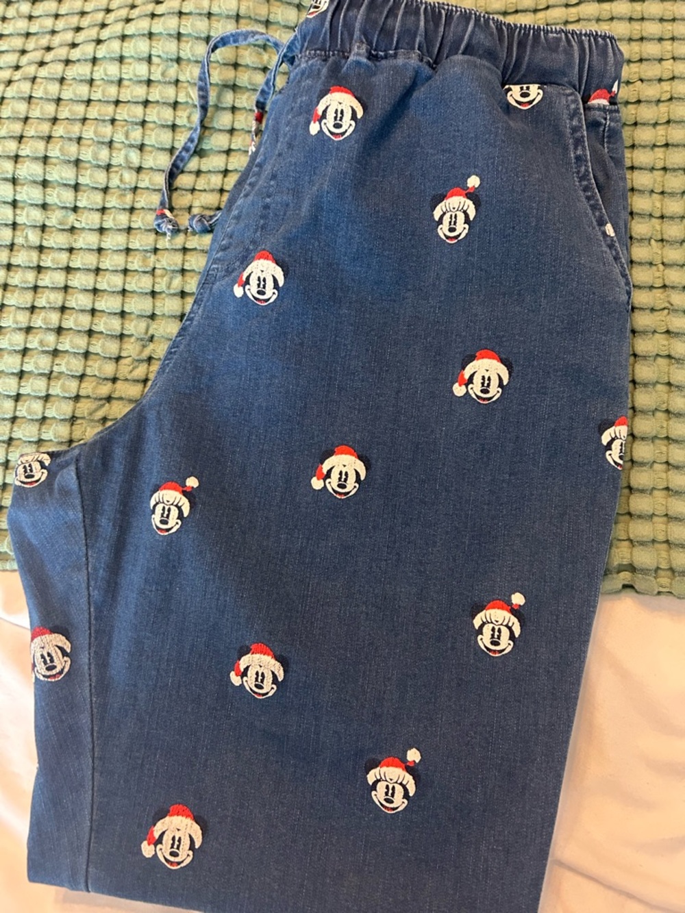 Disney Blue Denim Joggers with Mickey Santa Embroidery